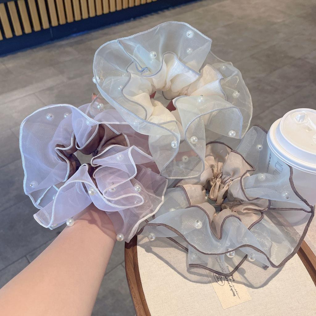 2026 early spring new style organza pearl scrunchie Korean hair tie mesh bead elastic hair band