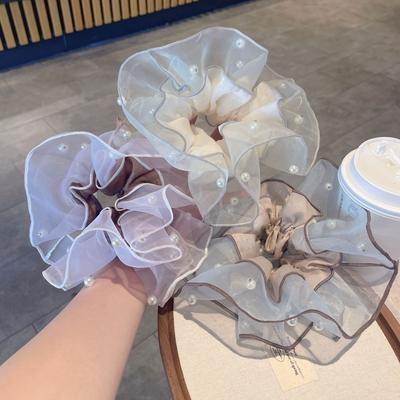 2026 Early Spring New Style Organza Pearl Scrunchie Korean Hair Tie Mesh Bead Elastic Hair Band