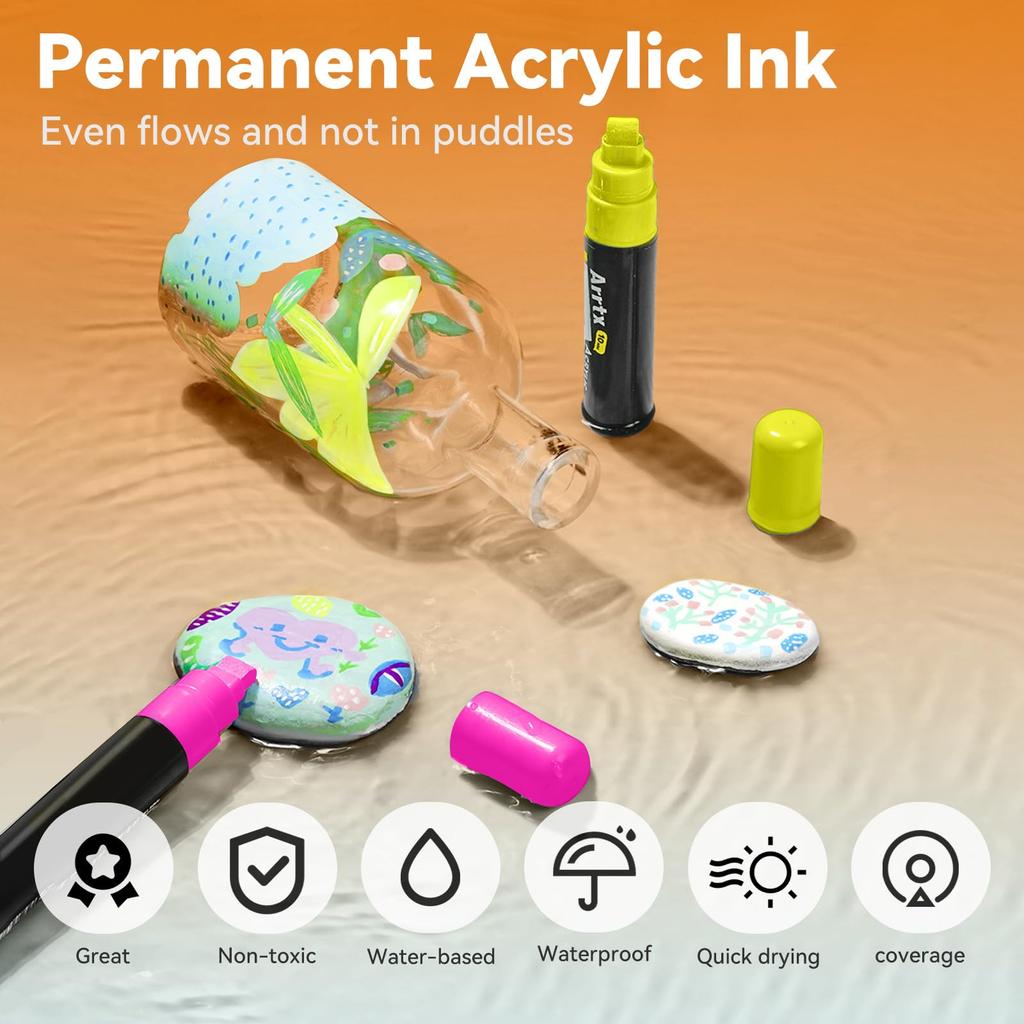 Arrtx 12 Colors Jumbo Poster 10mm Jumbo Felt Tip Acrylic Paint Markers and Paint Pens for Rock Outdoor DIY Crafts Markers, Oil-Based Painting,