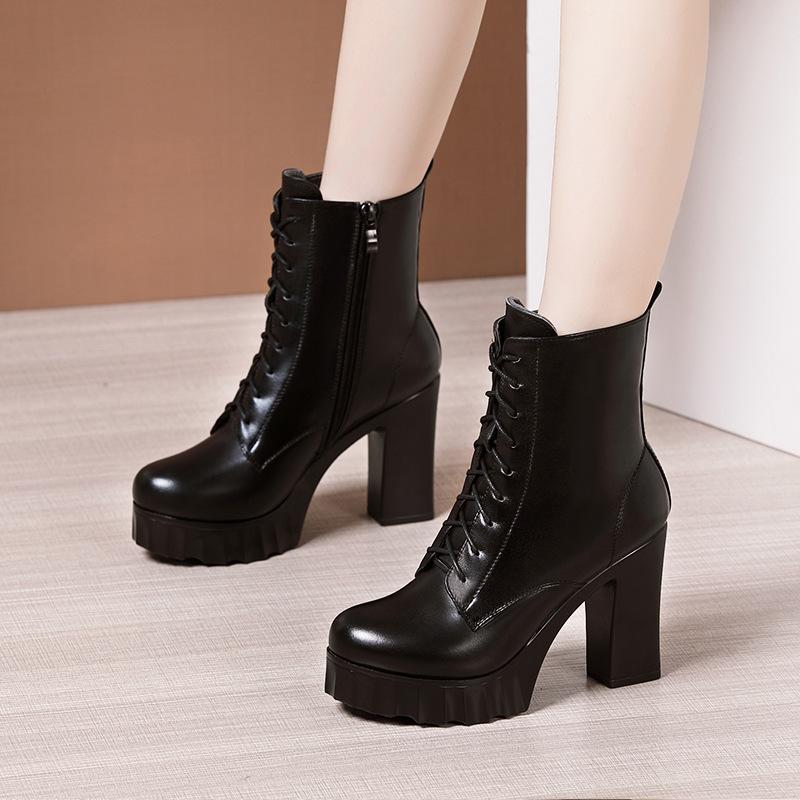 

Women s High Heels Genuine Leather Thick Heel Short Boots Autumn Winter Flock Platform Ankle Boots Lace-up Mid-tube Zipper Boot 43