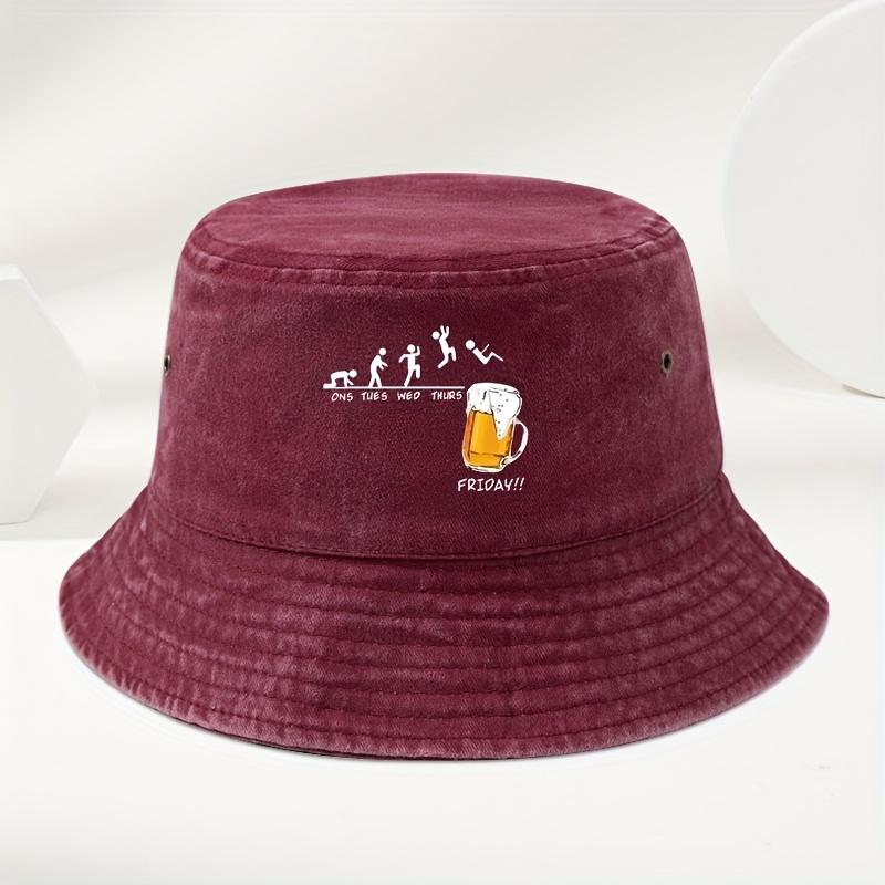 Fun Beer Cup Printed Outdoor Men's Washed and Used Fisherman Hat Basin Hat, Seasonal Universal Outdoor Travel Sun Hat