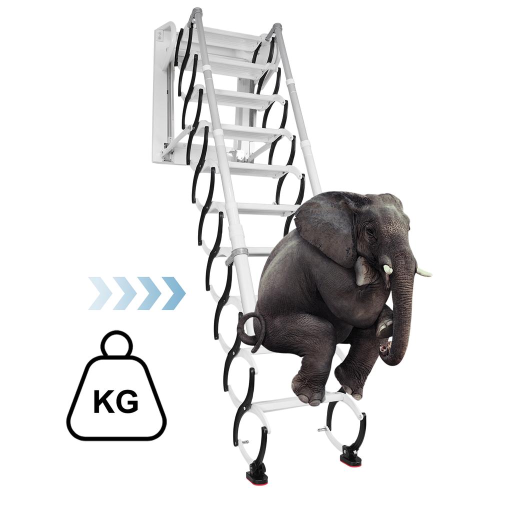Wall-Mounted 12 Steps 2 Safe Handrail Folding Attic Ladder Durable Black White Anti-Slip for Attics/Garages/Roofs for Home Indoo