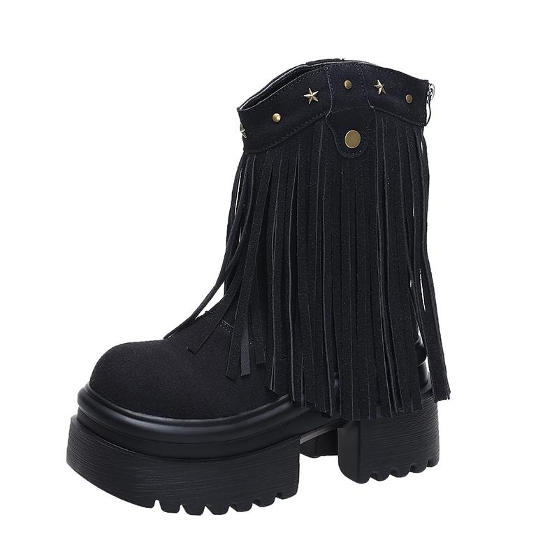 Fashion Women Tassels High Heels 9CM Thick Platform Short Boots Suede Chunky Shoes Woman Autumn Winter Platform Motorcycle Boots Botas