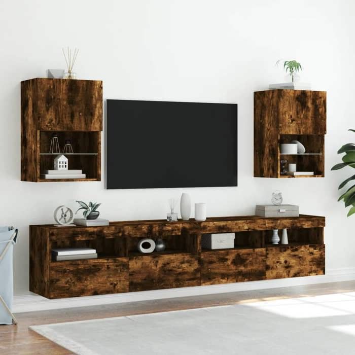 VidaXL Meuble TV avec Lumières LED, Armoire de Télévision Murale avec Rangement, Meuble Télé Suspendu Salon Salle de Séjour, 837037