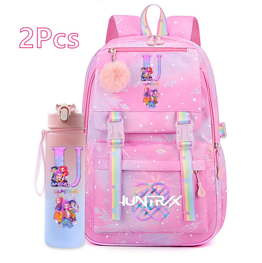 2 Stück/Set Ainme K-Pop Demon Hunters Rucksack mit englischem Buchstabenaufdruck mit Wasserflaschenhalter für Teenager Mädchen Jungen Schultasche Reisetasche