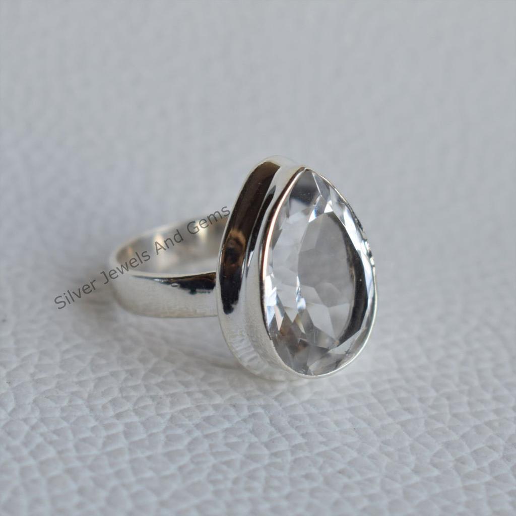 Natural White Topaz Ring, 925 Sterling Silver Ring, Bridesmaid Gift, Teardrop Crystal Ring, Promise Ring, Handmade Ring