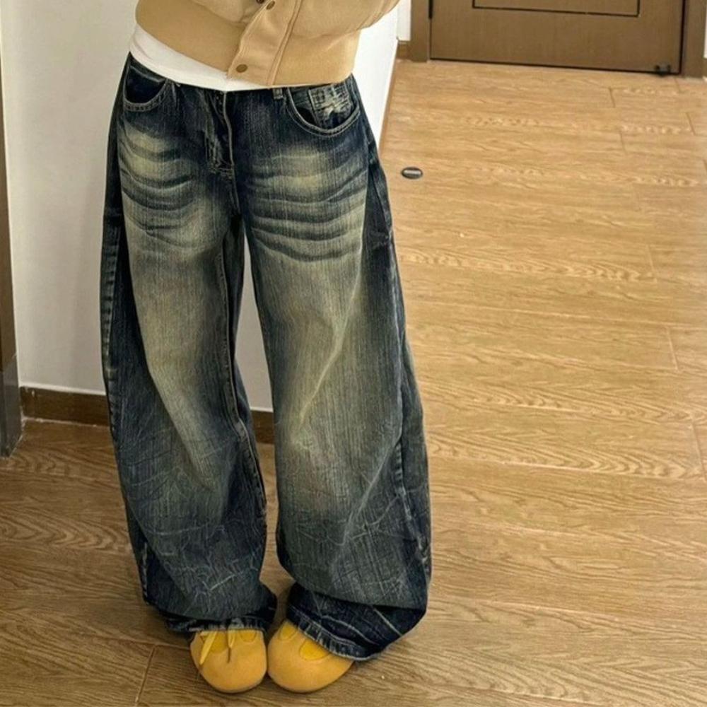 women s High Waist Vintage Wash Wide Leg Jeans Retro Streetwear Loose Denim Trousers S