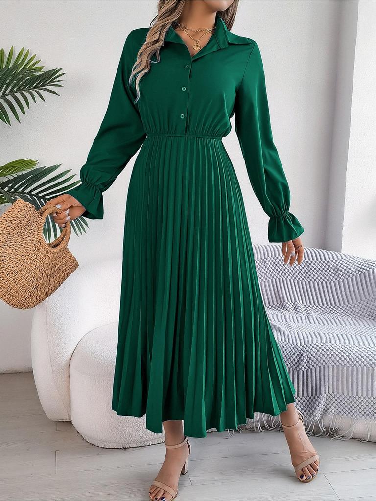 Abito a Colletto Reversibile Monocolore Abito Elegante Plissettato a Vita Alta per Donna Abiti Ampi a Maniche Lunghe Abito Casual