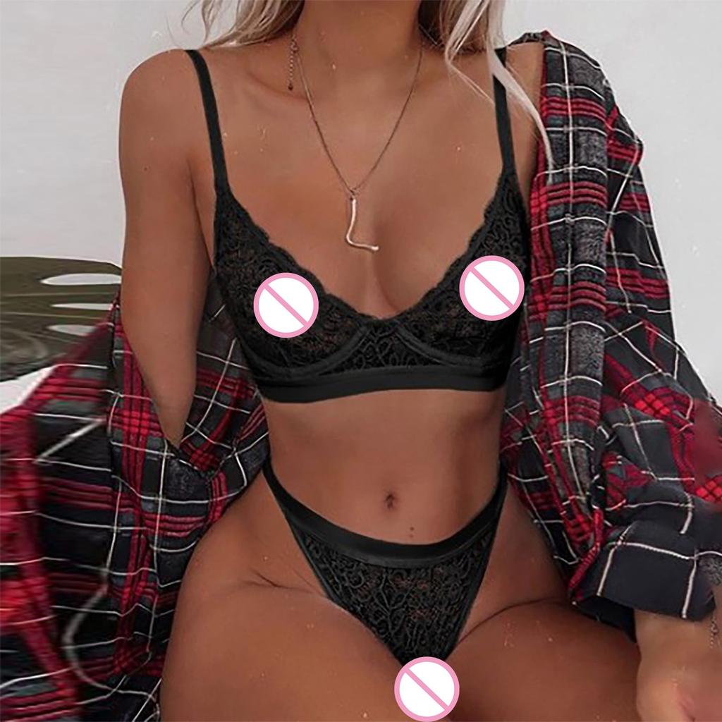 Women's Sexy Lace Bra Suspender Three-point Underwear Fun Underwear Two-piece Suit