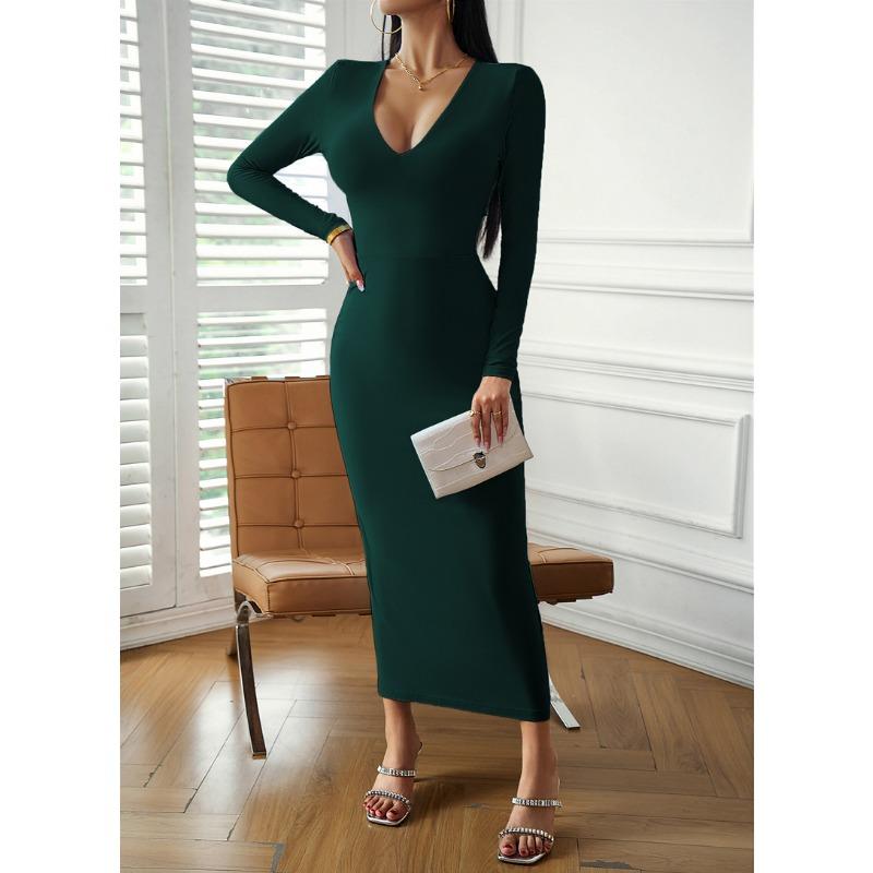 Women's Clothing Independent Station Sexy V-neck Hip-hugging Long-sleeved Dress
