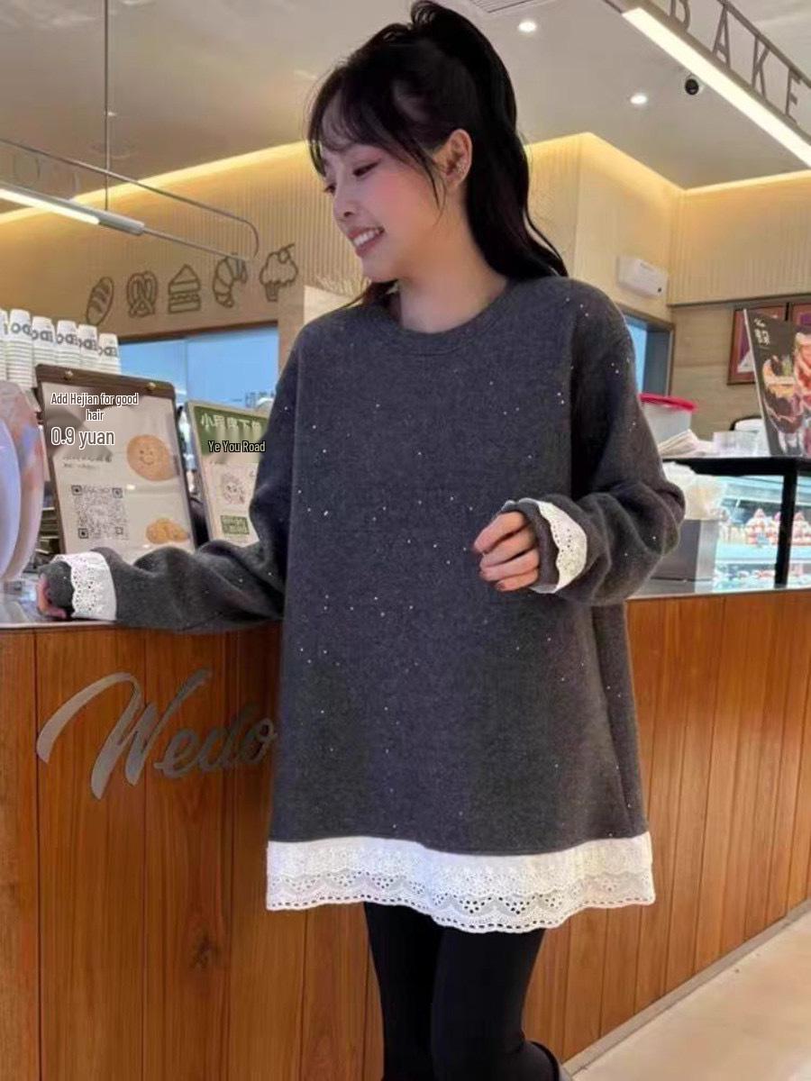 

Korean Lace Patchwork Mid-Length Sweatshirt for Women - 2025 Spring/Autumn Collection, Loose Fit, Thickened Base Shirt XL сірий колір