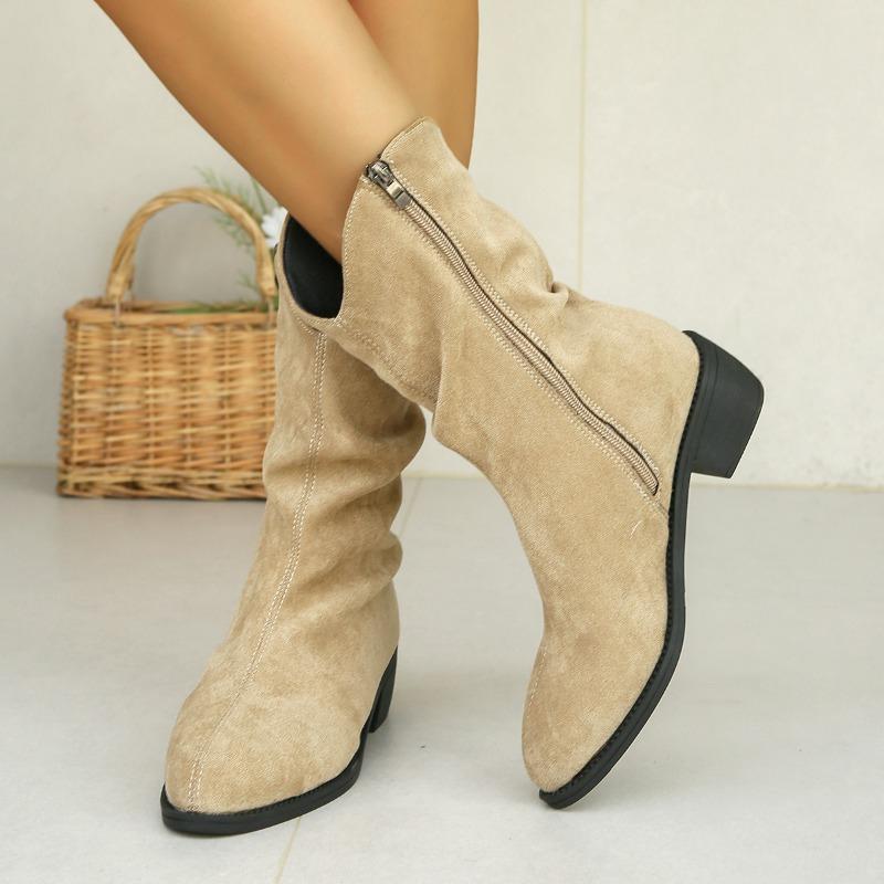 Women's Shoes New Fashion High Quality Zipper Women's Boots Winter Pointed Toe Solid Mid Calf Thick Heel Simple Roman Boots