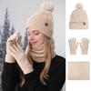 3Pcs/Set Women Hat Scarf Gloves Set Plush Ball Hat Cold Protection Double-Layer Scarf Touchscreen Gloves Set Ski Cycling Gear