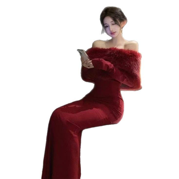 Women's French Red Off-the-Shoulder Bodycon Dress for Spring and Autumn - Elegant Slim Fit Long Skirt