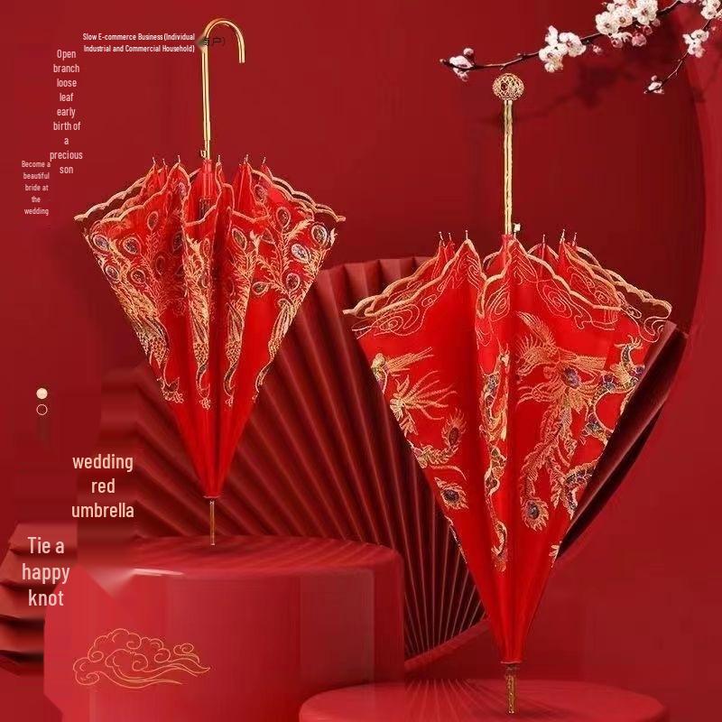 Bright Red Embroidered Bridal Wedding Umbrella with Lace Edge and Long Handle