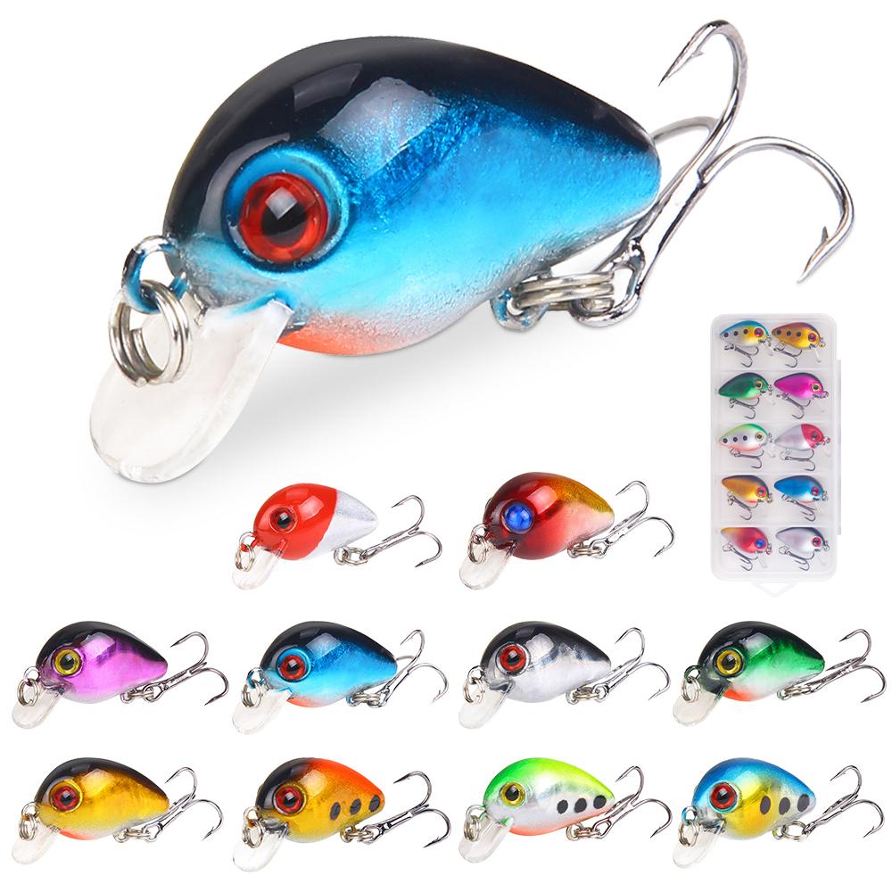 10pcs/box 30mm/1.6g Crank Fishing Lure Artificial Bait with Treble Hooks Plastic Box for Bass Fresh Water and Salt Water Fishing