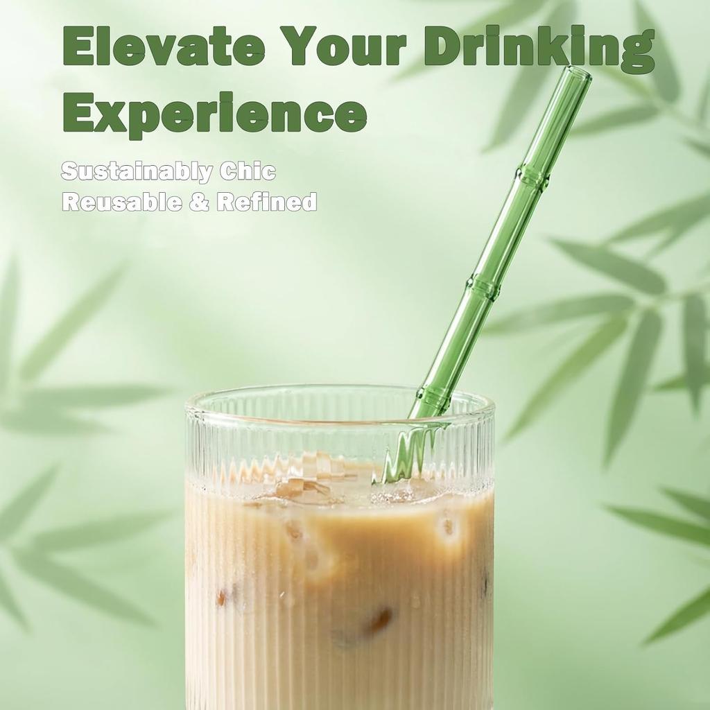 4-Pack Bamboo Reusable Glass Straws Set, Borosilicate Glass Drinking Straws with Brush for Smoothies, Coffee, Cocktails, Hot & Cold Drinks