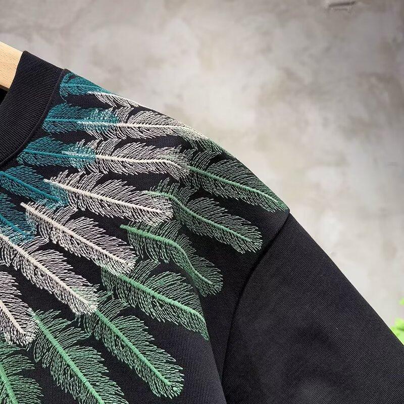 American Heavy Men'S T-Shirt Trendy Brand Heavy Industry Feather Embroidery Versatile Fashion Casual Short-Sleeved Top