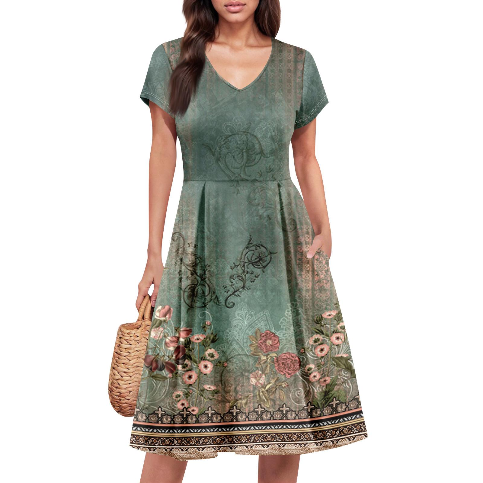 

Жіноча літня сукня з коротким рукавом, V-подібним вирізом, короткі сукні, модна повсякденна вільна сукня А-силуету, сукня-сарафан з кишенею XXL зелений