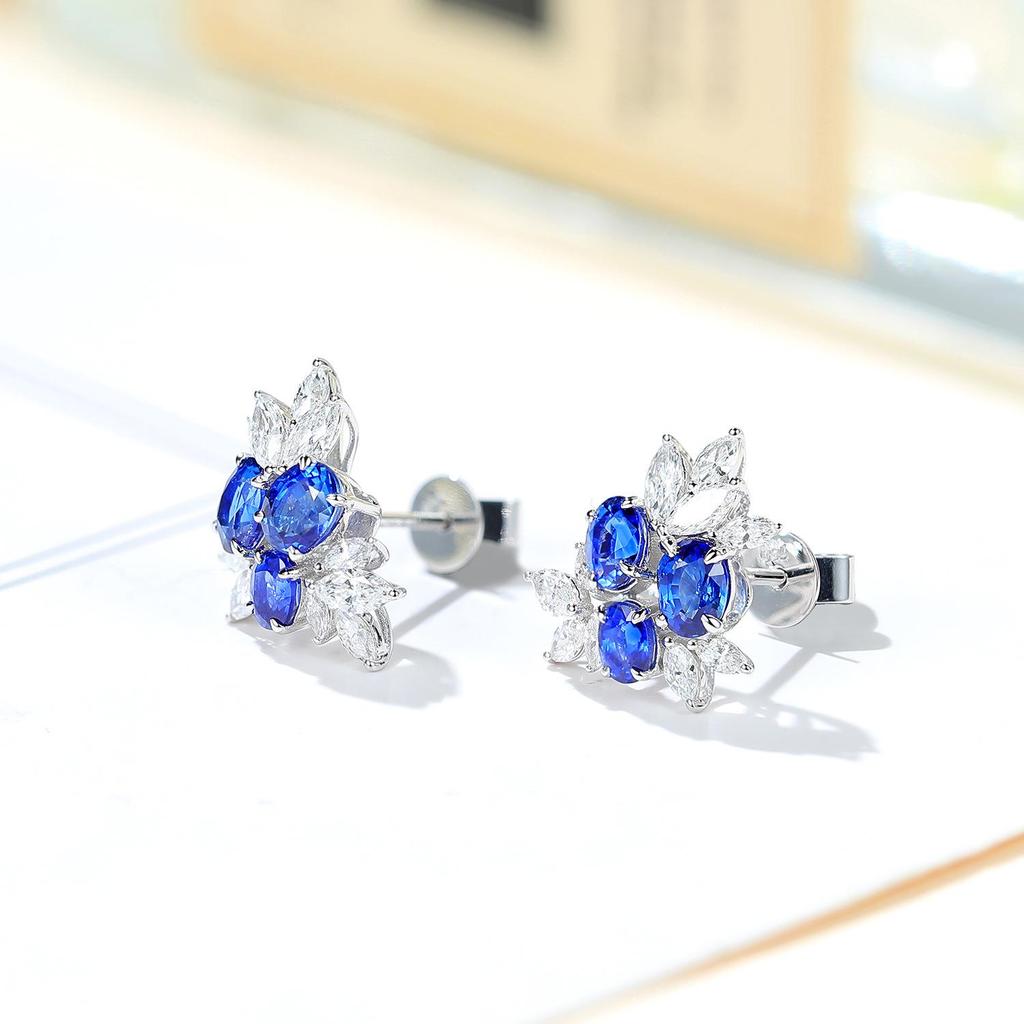 18k White Gold Simulated Ruby & Zircon Stud Earrings with Sapphire for Women