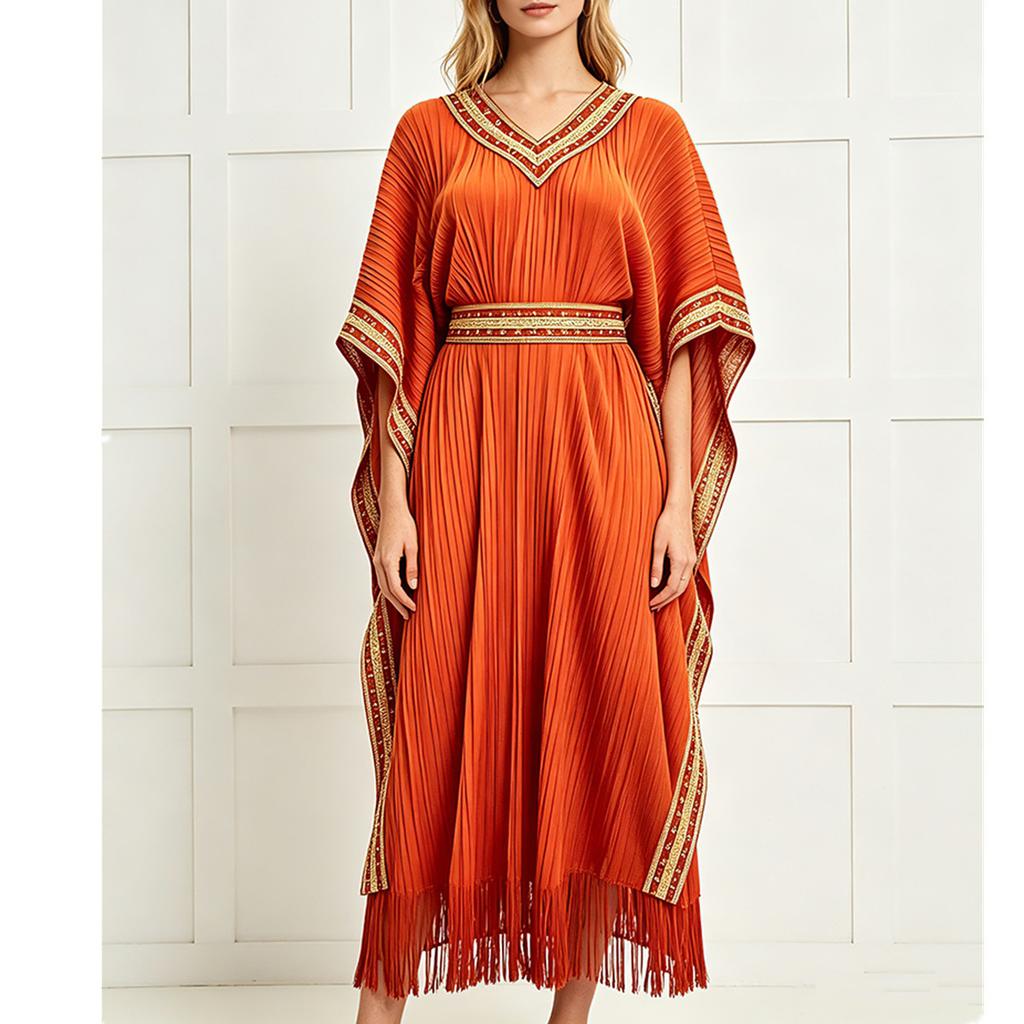 Schwarz Gold Spitzenbesatz Kaftan Abaya Damen V-Ausschnitt Fledermausärmel Quasten Saum Plissiert Lang Maxikleid Islamisch Dezent Lässig Robe