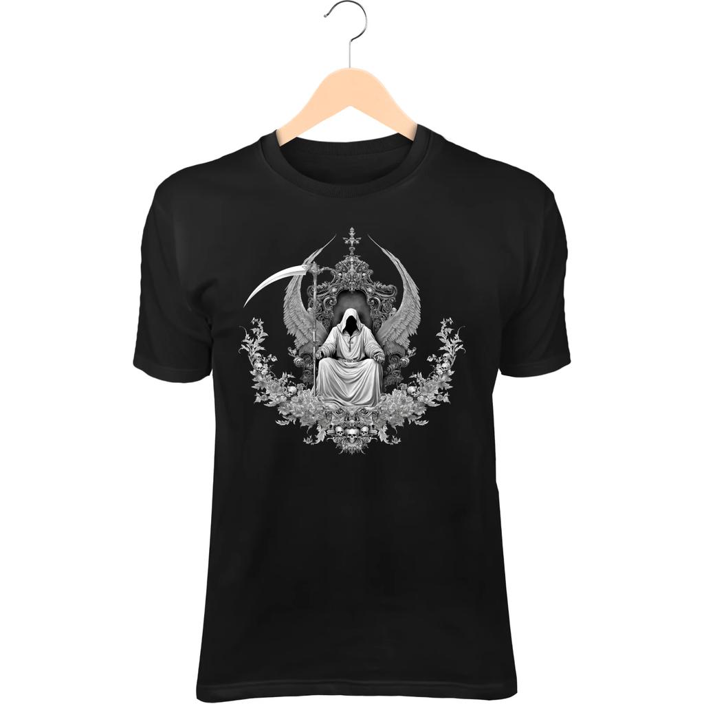 Throne Reaper III T-Shirt – Black Wings Wrapped, Scythe At Side, Bone Throne