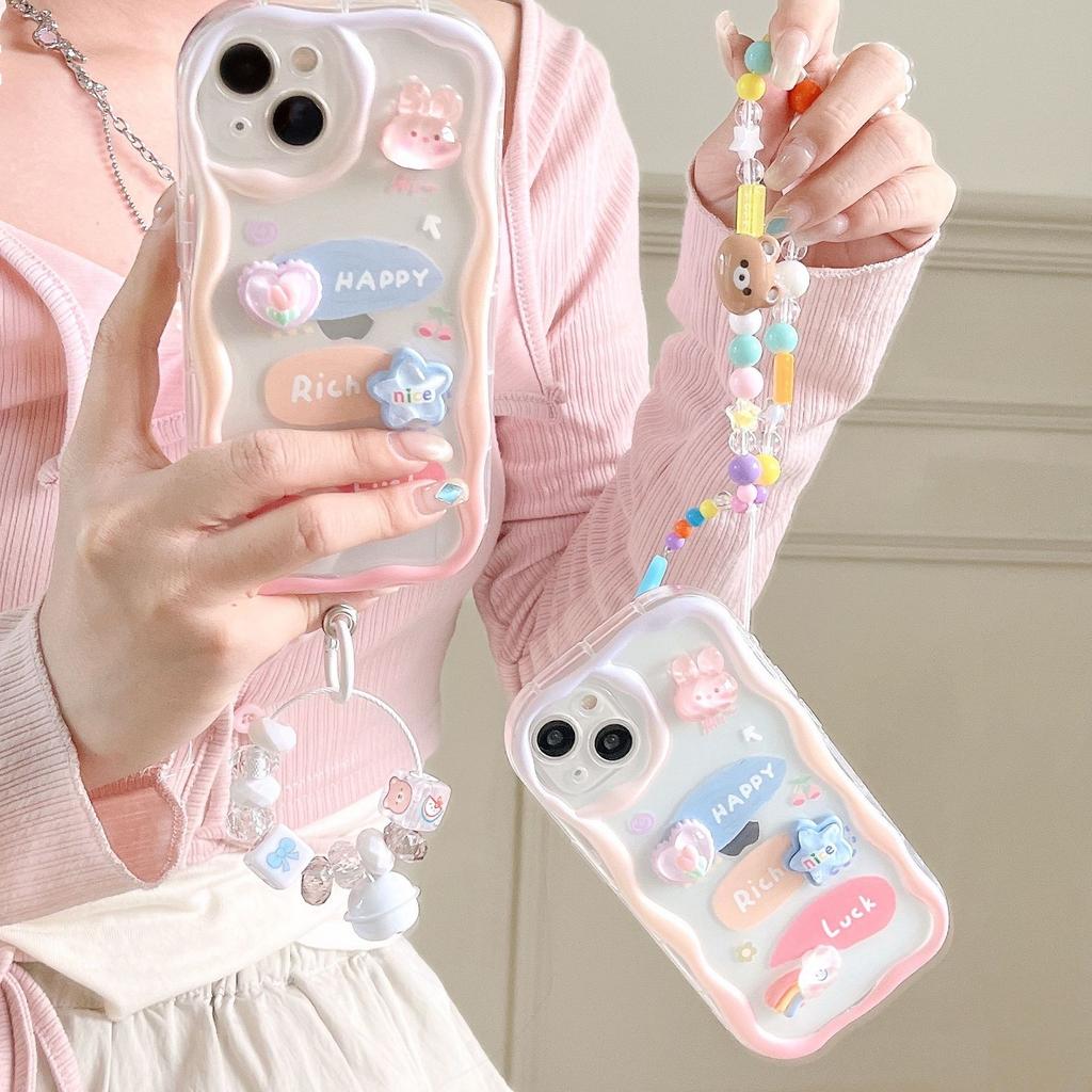 Three Dimensional Cute Little Rabbit Iphone14 Cartoon Pendant Mobile Phone Case 15 16 Bell Bracelet Mobile Phone Soft Shell