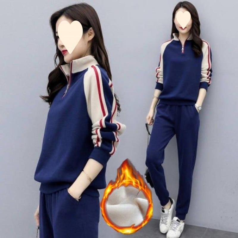 Стеганый Повседневный Спортивный Костюм из Плотной Ткани для Женщин, Подходящий для Осени и Зимы, Корейский Стиль, Свободный Комплект из Двух Предметов: Брюки и Лонгслив M