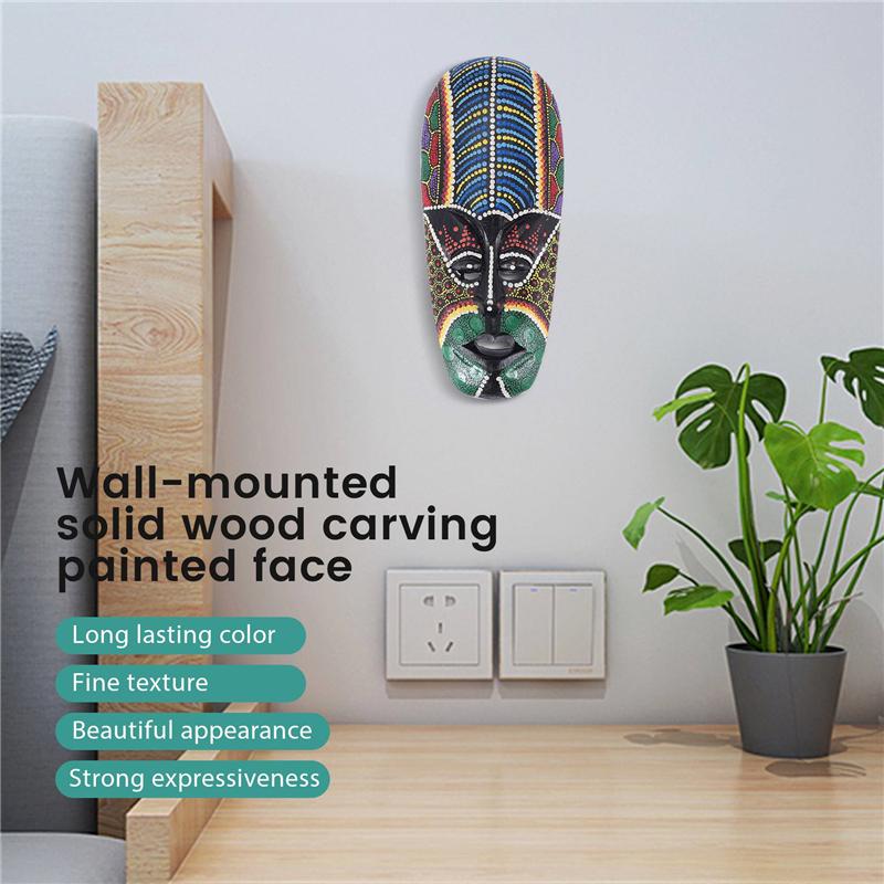 2025 Trend Wooden Mask Wall Hanging Solid Wood Carving Painted Facebook Wall Decor Bar Home Decorations African Totem Mask Craft