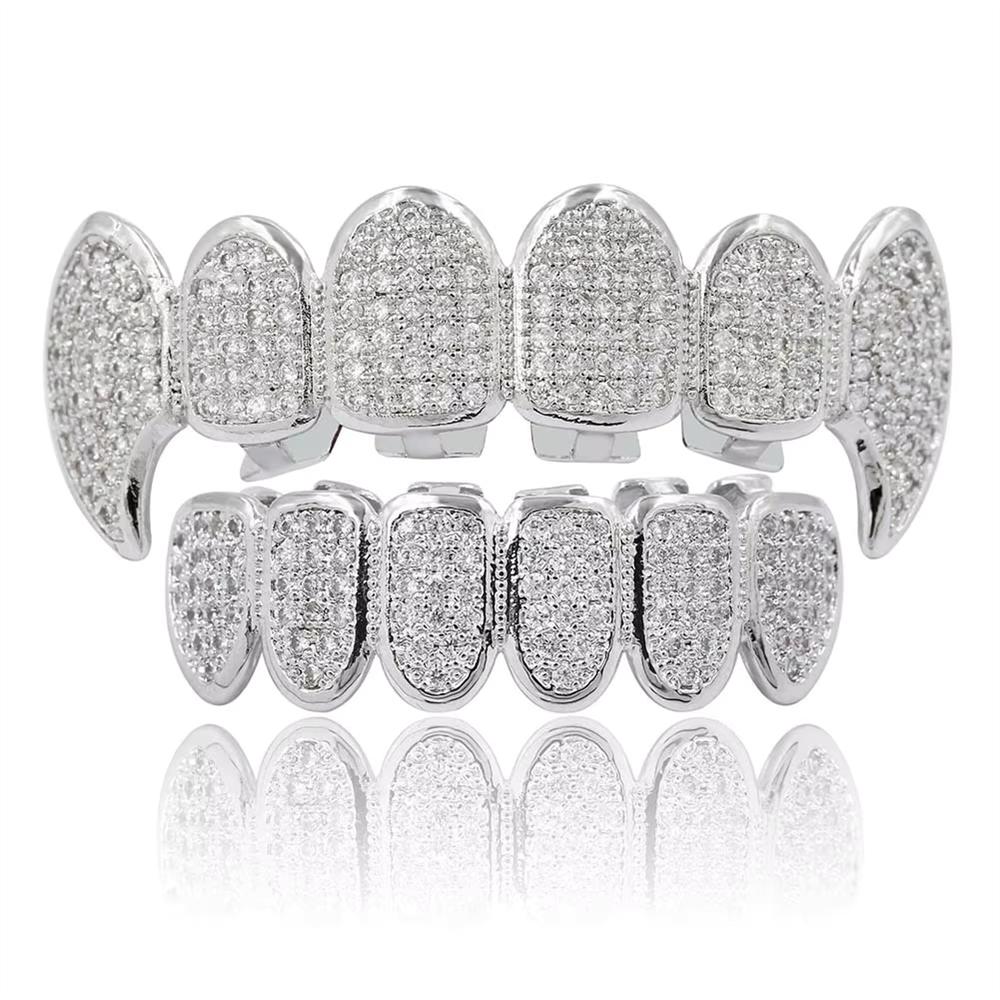 Hop Inset Zircon Teeth Fangs Brass Grillz Top Bottom As Body Jewelry