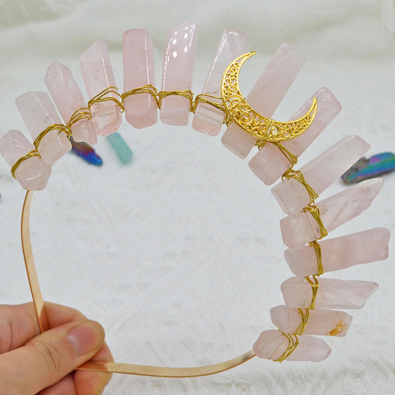 

Тиара из необработанного кристалла, повязка на голову с короной, натуральный кварц, головной убор богини Луны и ведьмы для викканского косплея, вечерние головные уборы