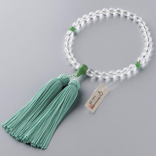 Buddhist Altar Shop Takita Shoten Kyoto Buddhist Prayer Beads for Women, Genuine Crystal and Indian Jade Beads, 8mm Beads, Silk Tassel with Head, Pray