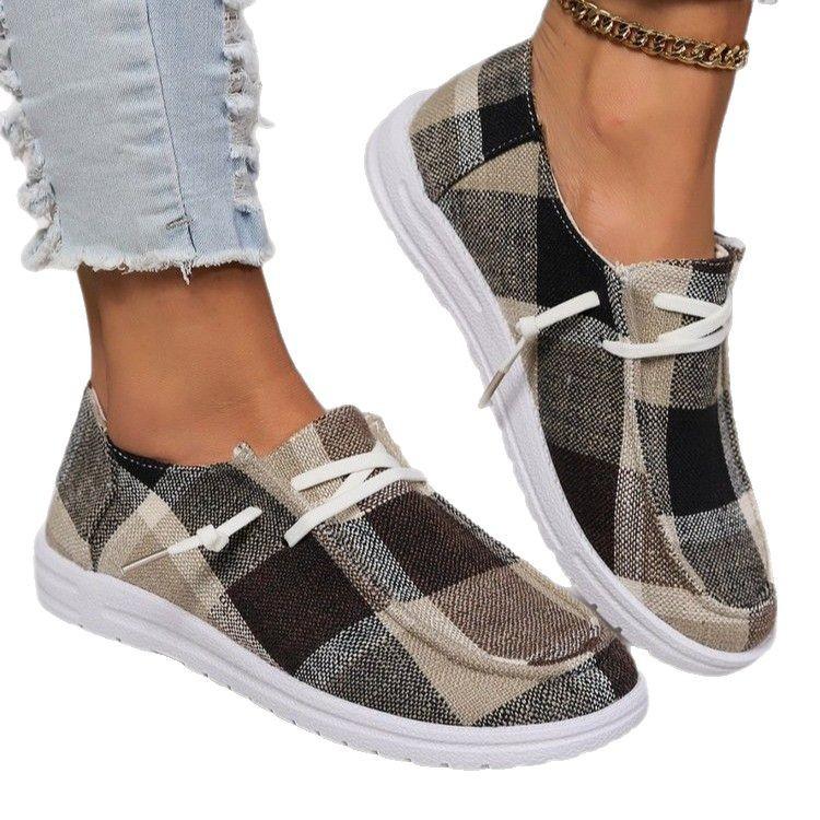 Tênis de lona xadrez primavera novo tamanho grande europeu e americano sola plana bico redondo cadarço casual sapatos de uso único