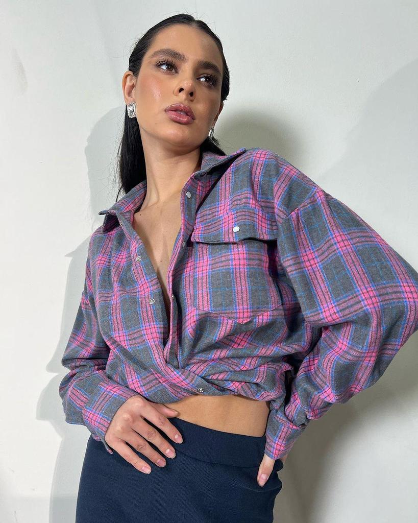 2024 Autumn Women's Retro Plaid Loose Lapel Shirt with Long Sleeves and Pocket
