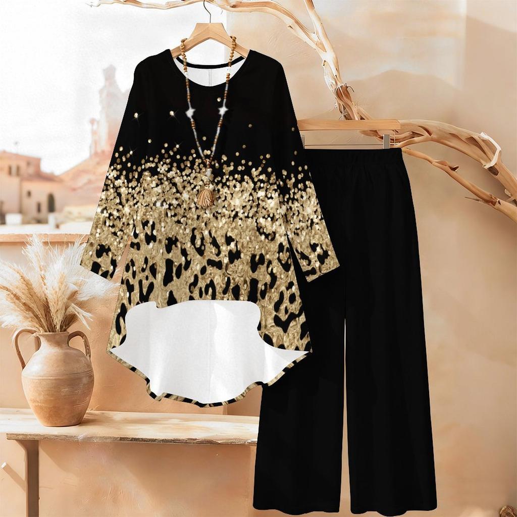 Geometric Pattern Print Two Piece Outfit Women Long Sleeve Irregular Hem Tunic Top Wide Leg Pants Casual Matching Set