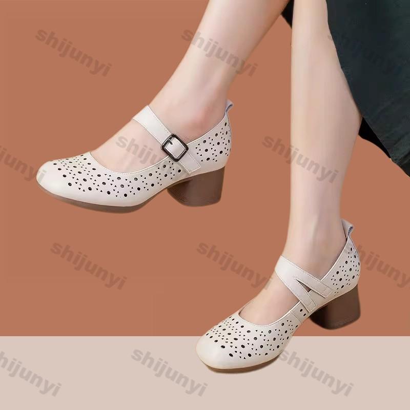 Fashion Elegant Medium Heel Women's Shoes Summer Autumn Fashion Buckle Strap Vintage Hollow Sandals Comfortable Non Slip Mary Jane Shoes