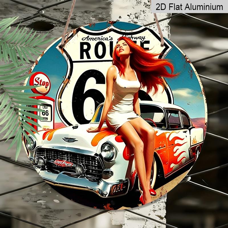 2D Flach, 1 Stück Rundes Aluminium-Hängeschild - Vintage Route 66 Pin-Up Girl Metall-Wandkunst, Retro Klassisches Auto & Zapfsäule Design, Perfekt für die Man Cave