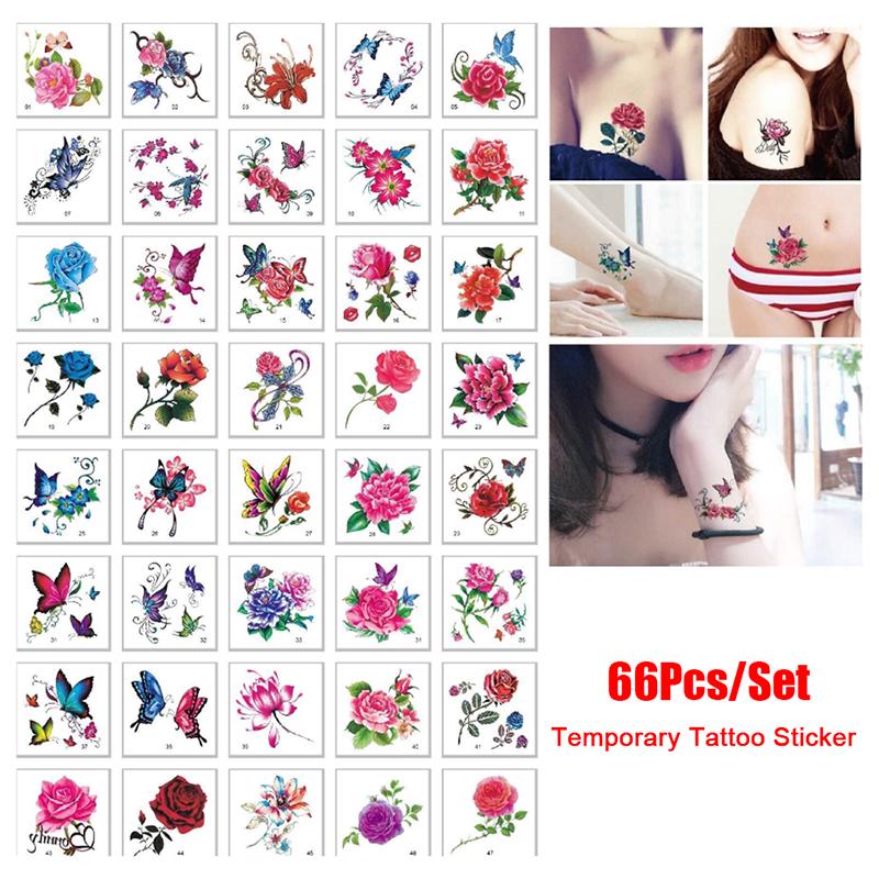 66 Stück Blume Schmetterling Körperkunst Temporäre Tattoos Aufkleber Wasserdichte Tattoos