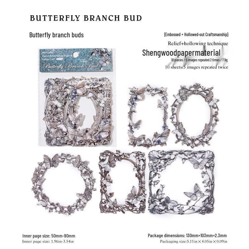 Mò Mò Shēng Mù Embossed Collage Card, Silver Light & Shadow Series, Retro Metal Frame Theme, 10 Sheets.