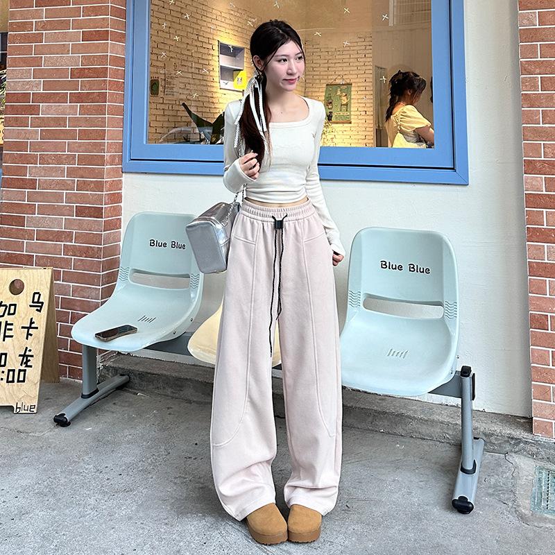 Retro Sporty Style Loose Temperament Casual Pants In Autumn New Wide-leg High-waisted Scimitar Floor Trousers for Women