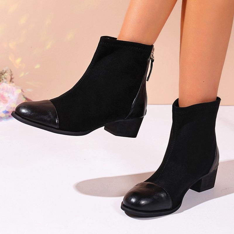 European and American Fashion British Style Short Martin Boots Women's Autumn New Large Size Round Head Rear Zipper Thick Heel Fashion Boots