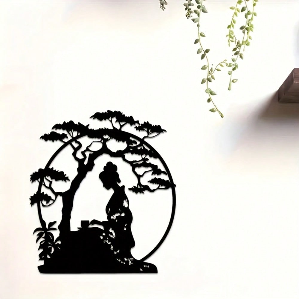 Vintage Geisha & Bonsai Flat Metal Wall Art, Black Iron Japanese Silhouette Decor