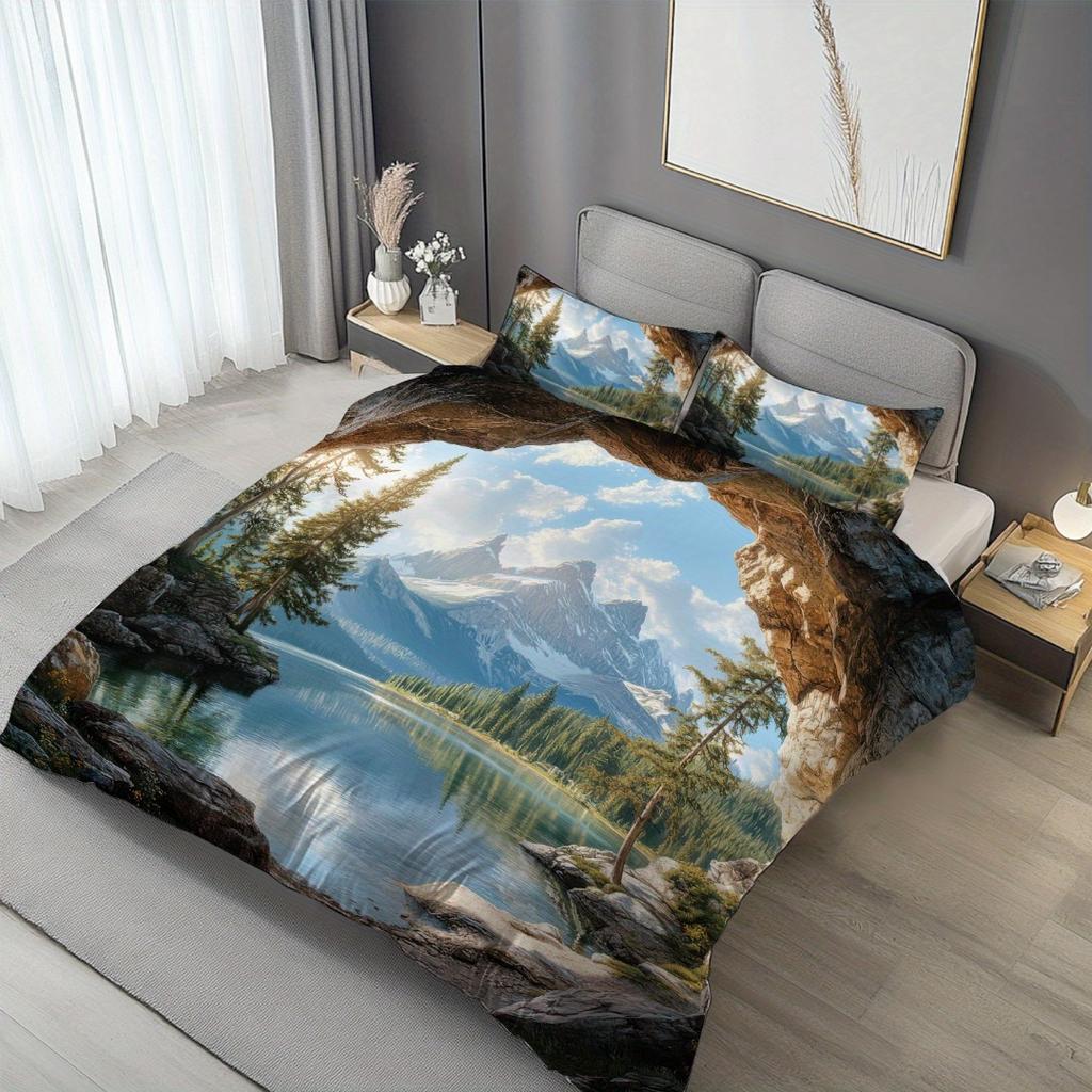 3-teiliges erfrischendes Seeufer-Landschaft 3D-bedrucktes Bettwäscheset Gemütlicher Bettbezug King Queen Twin Größe Geburtstagsgeschenk Schlafzimmerdekoration