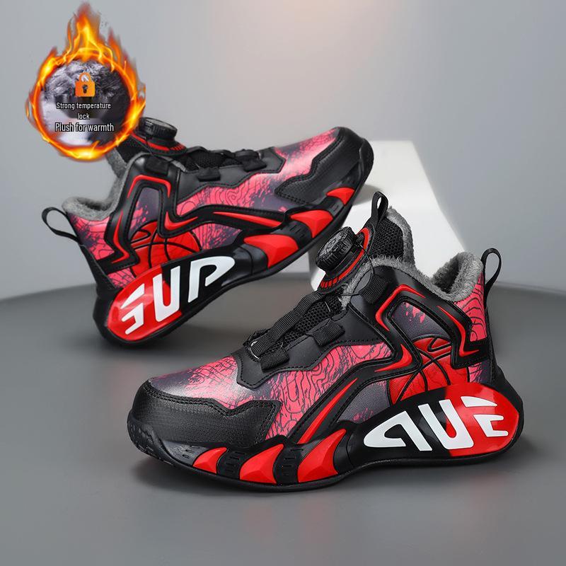 2025 Autumn/Winter Boys' Leather Sports Shoes with Velvet, Kids' Running and Basketball Sneakers