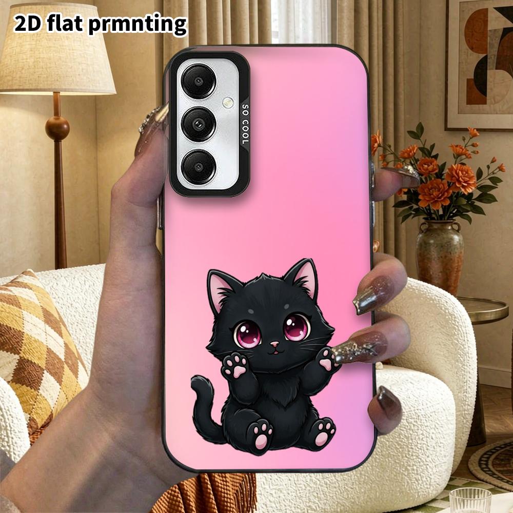 Phone Case: 2D Flat Samsung Galaxy A34 A35 M05 M06 S20 S22 S21 FE Plus 5G Protective Case, Couple Style, Pink Gradient with Little Black Cat, Christma