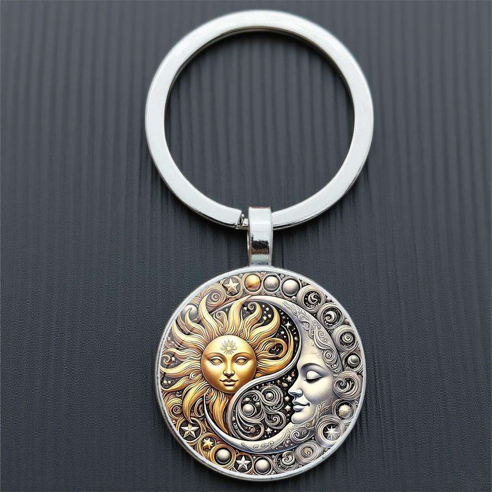 Vintage Sun Moon Keychain Metal and Glass Circular Key Pendant, Men's and Women's Charter Decoration Anniversary Birthday Gift