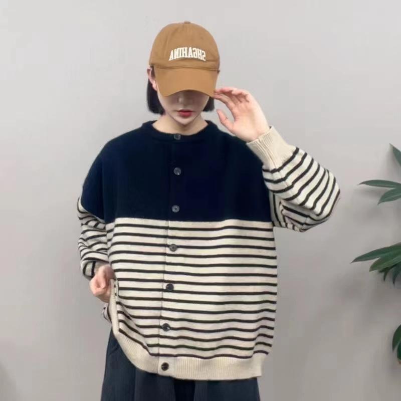 

JKASHDK Женская мода Повседневный Осень Зима Полосатый Принт Длинный Рукав О-Образный Вырез Свитеры one-size-fits-all чёрный