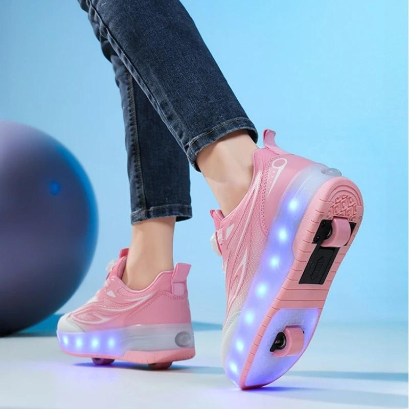Children's 2-in-1 Removable Roller Skating Shoes for Skating and Parkour Racing Roller Skate Shoes Women's Sneaker with 2 Wheels