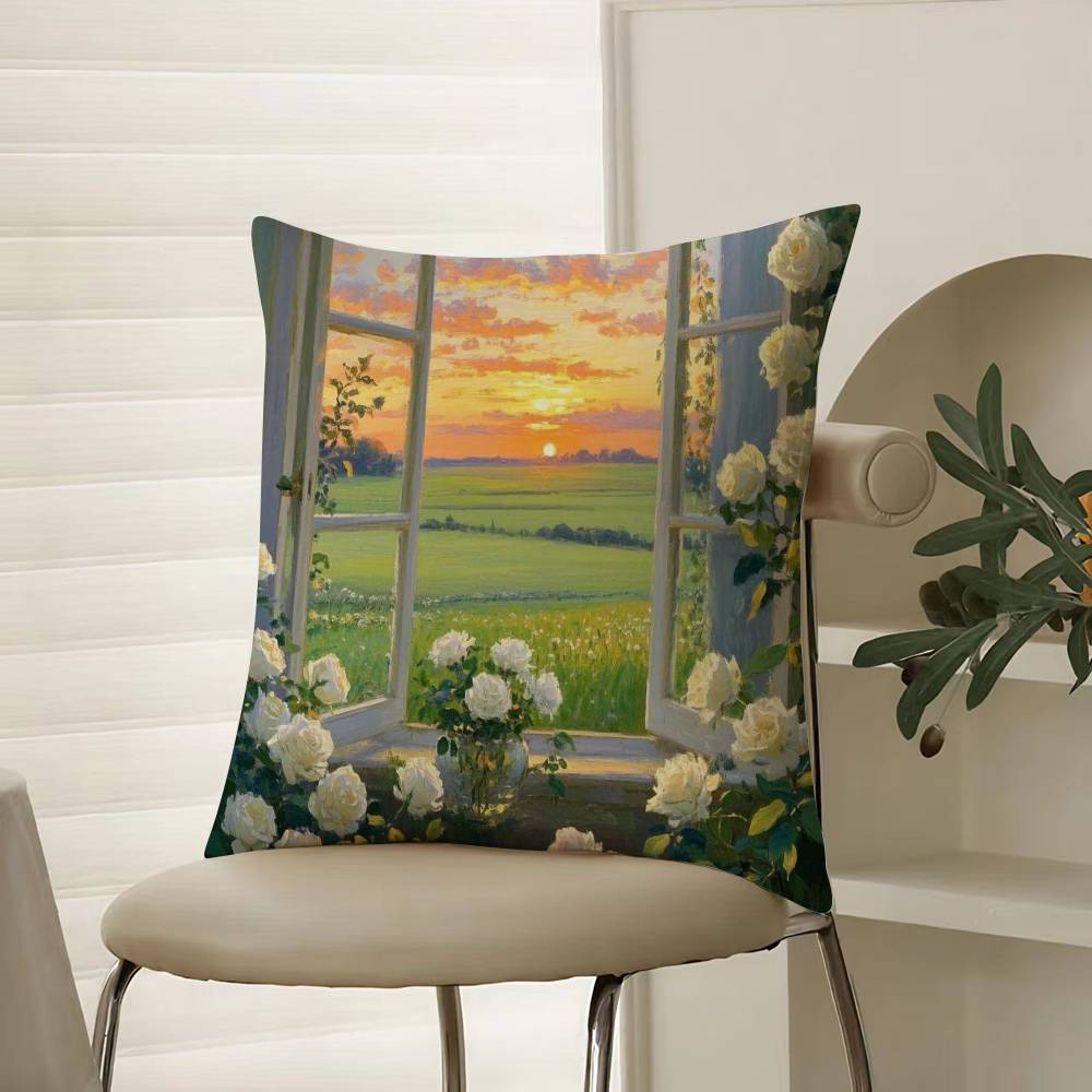 Hand-painted Iandscape Oil Painting Pillow Case Comfort Sofa Bed Silky Elegant Invisible Zipper Decorative Cushion Cover