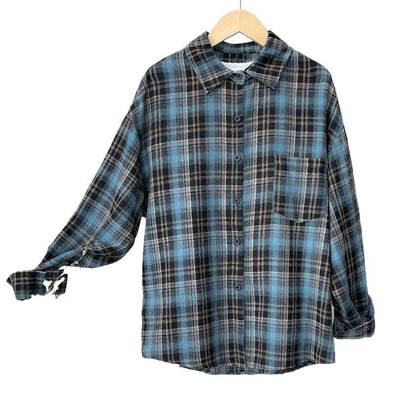 Frühling und Herbst neues Retro-Langarm-Freizeithemd Koreanischer Temperament fauler Stil lockeres und dünnes Revers kariertes Hemd